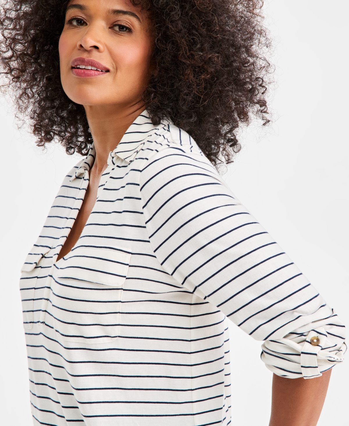 Style & Co Women's Striped Split-Neck Tab-Sleeve Top, Macy's Exclusive
