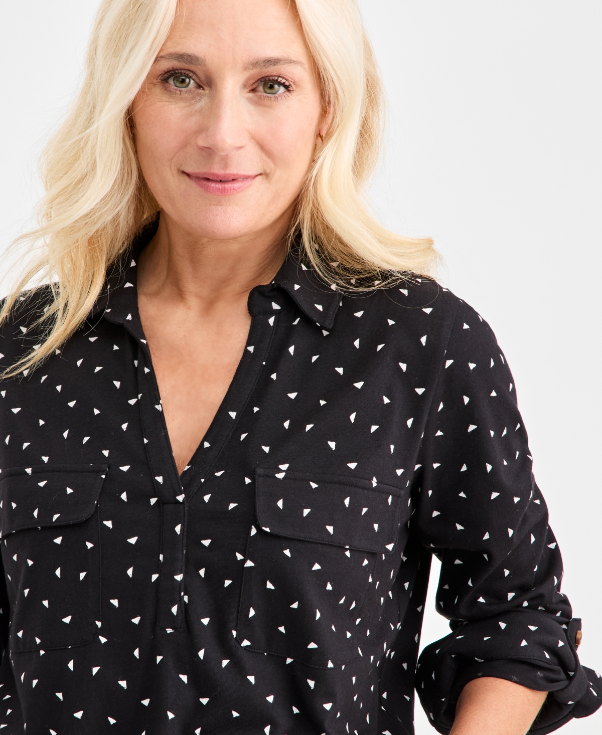 Style & Co Women's Printed Split-neck Tab-sleeve Top, Macy's Exclusive In Black