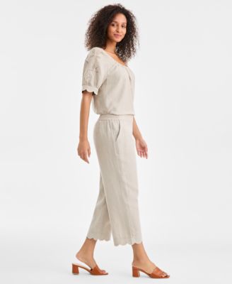 Women's 100% Linen Cropped Scalloped-Hem Wide-Leg Pants, Macy's Exclusive