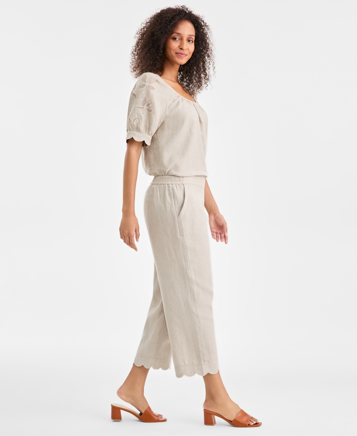 Charter Club Women's 100% Linen Cropped Scalloped-hem Wide-leg Pants, Macy's Exclusive In Brown