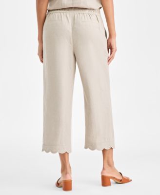 Women's 100% Linen Cropped Scalloped-Hem Wide-Leg Pants, Macy's Exclusive