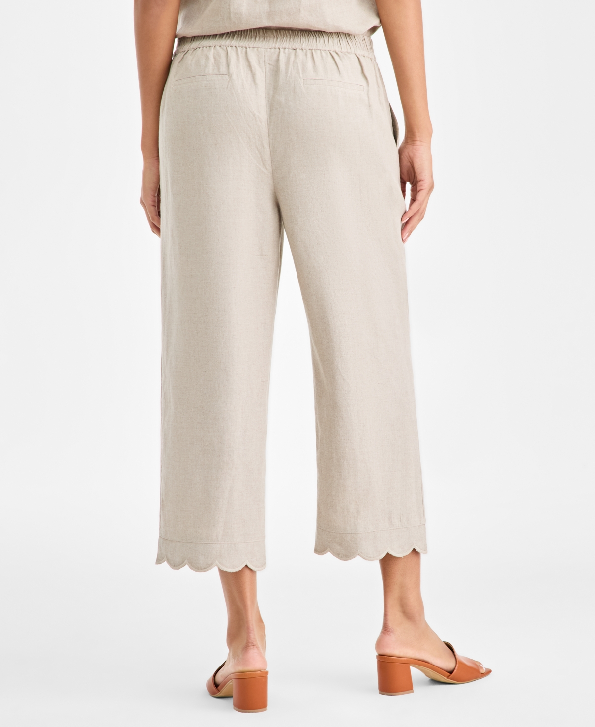 Charter Club Women's 100% Linen Cropped Scalloped-hem Wide-leg Pants, Macy's Exclusive In Brown
