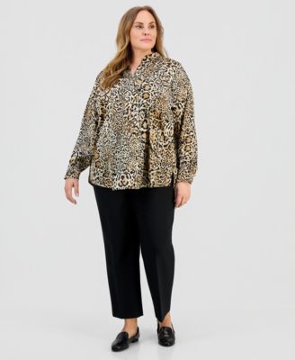 Plus Size Printed Split-Neck Popover Top