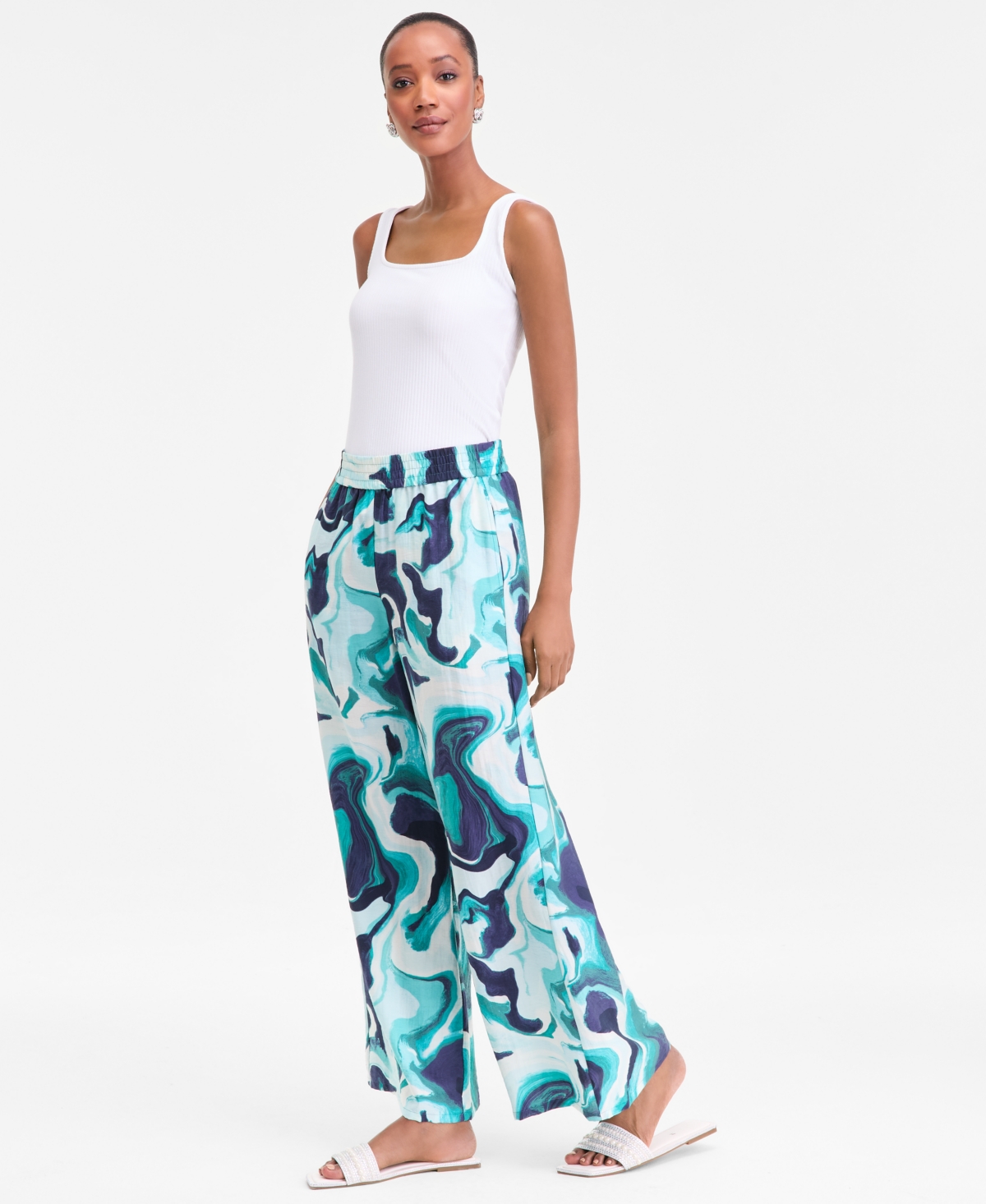 Inc International Concepts Women's Printed Pull-on Wide-leg Pants, Macy's Exclusive In White