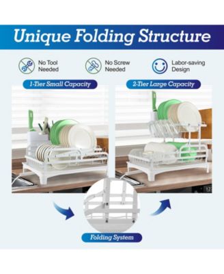 2-Tier Collapsible Multi-Functional Dish Drying Rack with Cutlery Box and Cup Holder