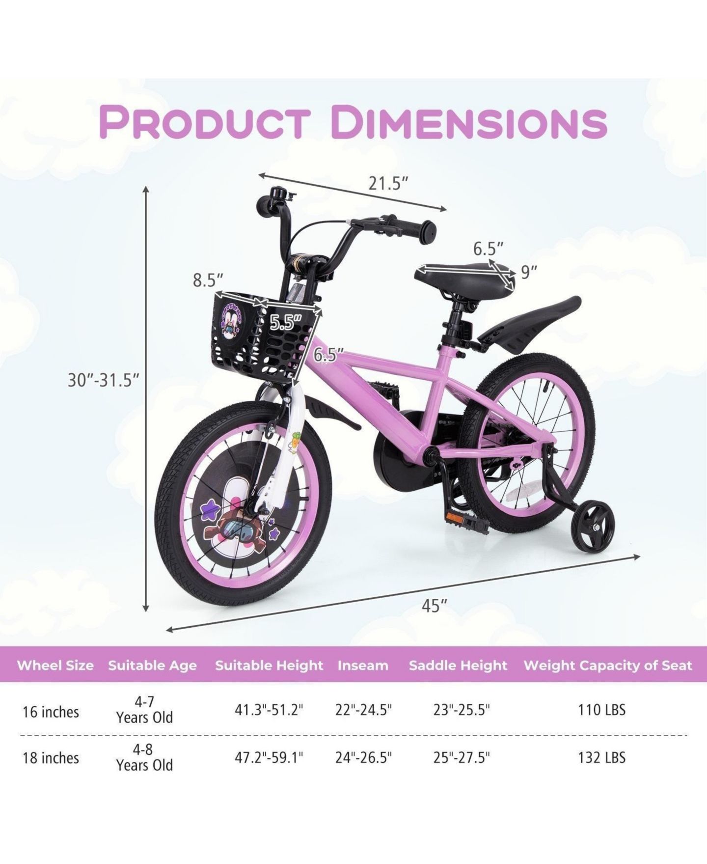 Детская игрушка HONGGE 16" Sport Bike with Adjustable Handlebar and Saddle, Dual Brakes and Removable Training Wheels, Ages 4–8, цвет: Фиолетовый — фото 4