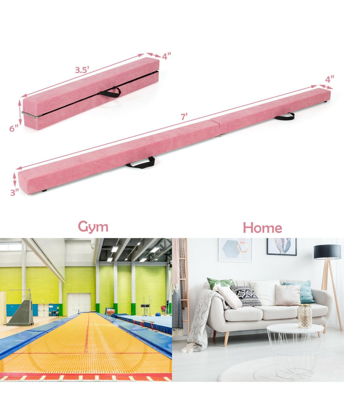 7 Ft Folding Floor Balance Beam with Handles for Gymnastics Training, Pink