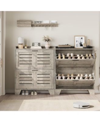 Shoe Storage Cabinet with 2 Flip Drawers, Narrow Shoe Cabinet for Entryway, Freestanding Hidden Slim Shoe Organizer Cabinet with Hooks, Gray