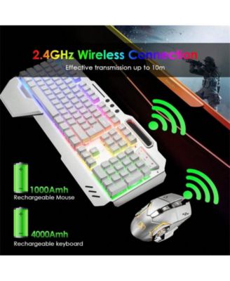 Wireless Gaming Keyboard and Mouse Combo - Backlit Keyboard with Rechargeable 3000mAh Battery,Removable Wrist Rest and 7 Color Mute Mouse - White Blue