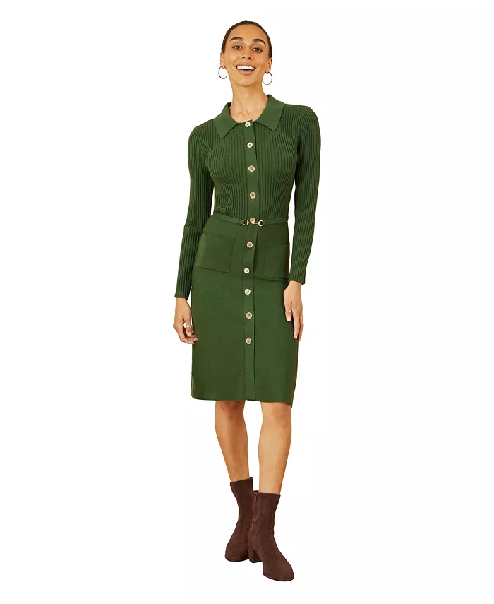 Women's Belted Rib Knit Midi Dress With Pockets