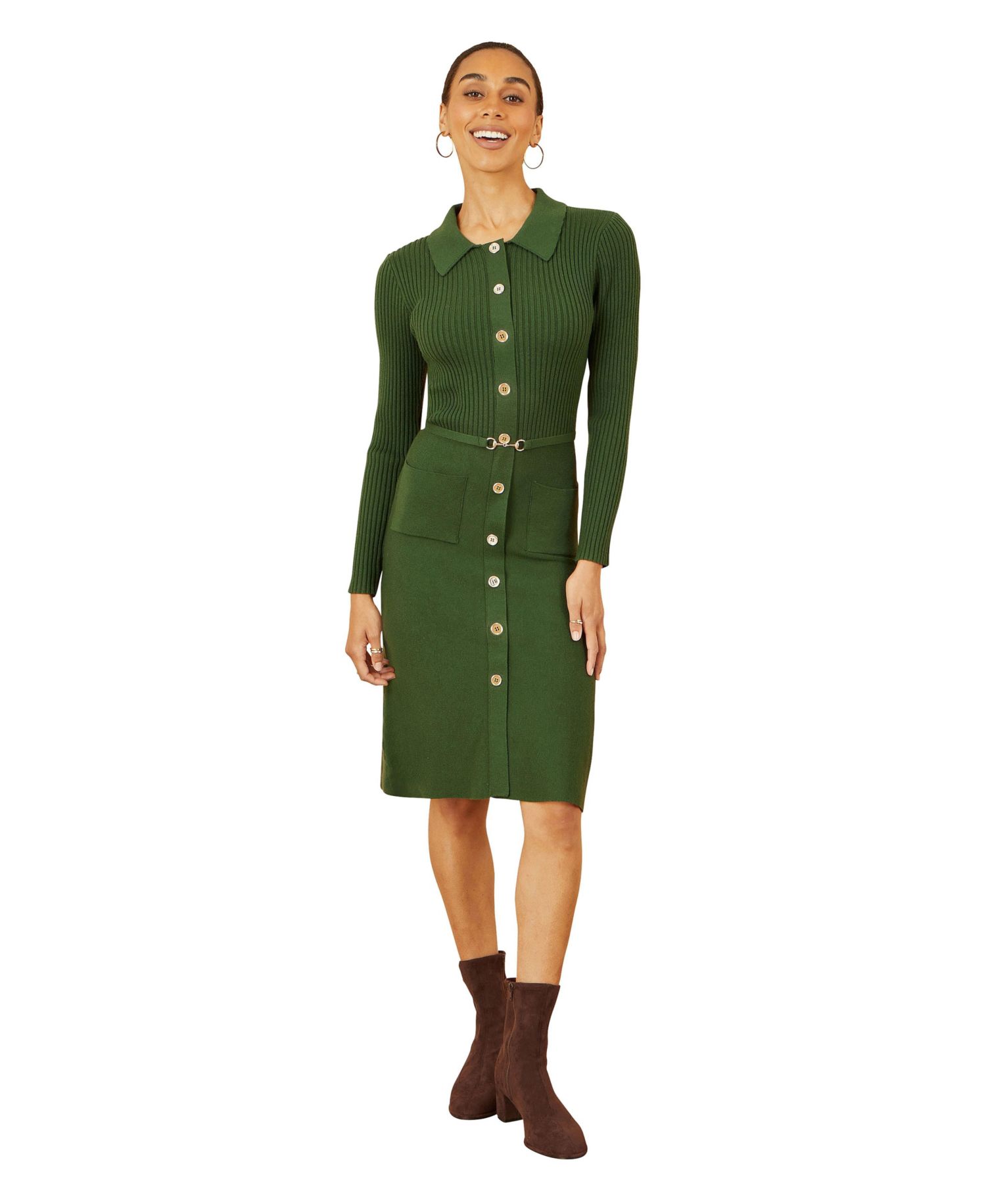 Women's Belted Rib Knit Midi Dress With Pockets