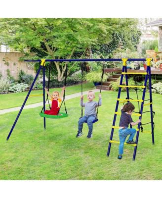 5-in-1 Outdoor Kids Swing Set with A-Frame Structure and Ground Stake