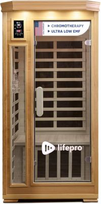 Rejuvacure Low-EMF 1-Person Infrared Sauna – Indoor Wooden Sauna with Tempered Glass Door, Carbon Fiber Heaters, Chromotherapy & Bluetooth