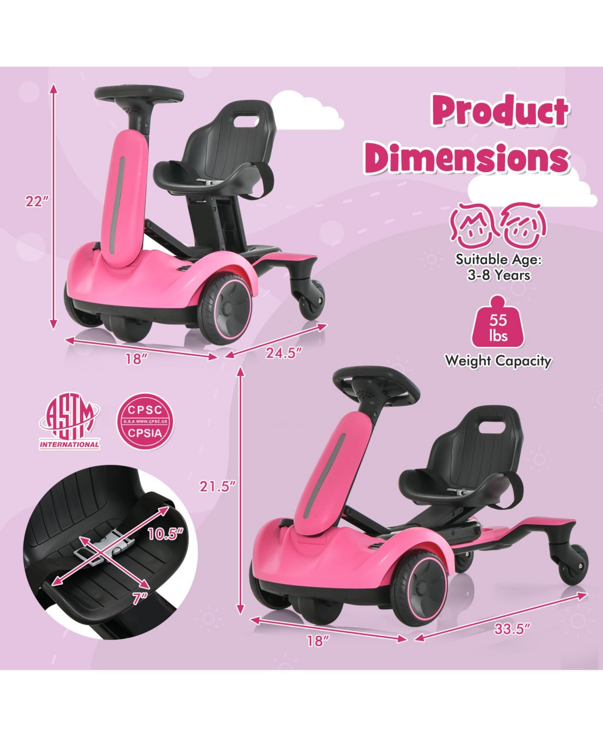 6V Kids Drift Car with 360° Spin, Adjustable Heights, and Music Function