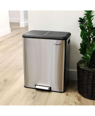 60 Liter 2 Compartment Large 8 Gallon Split Stainless Steel Step Trash Bin with Slow Close Mechanism