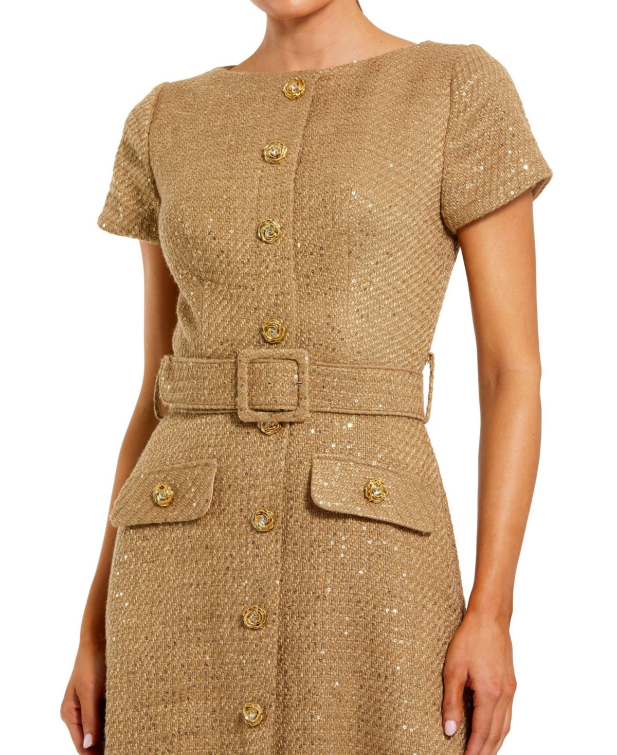 Mac Duggal Women's Boucle Cap Sleeve High Neck Button Up Midi Dress