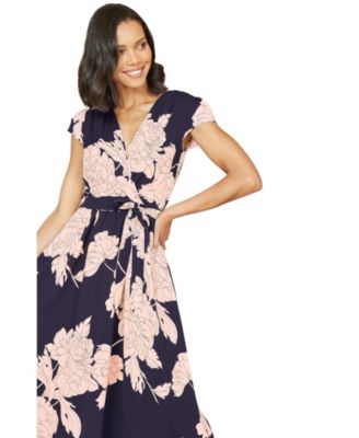 Women's Blossom Print Dipped Hem Wrap Midi Dress