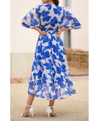 Women's Kimono Sleeves Midi Dip Hem Wrap Dress