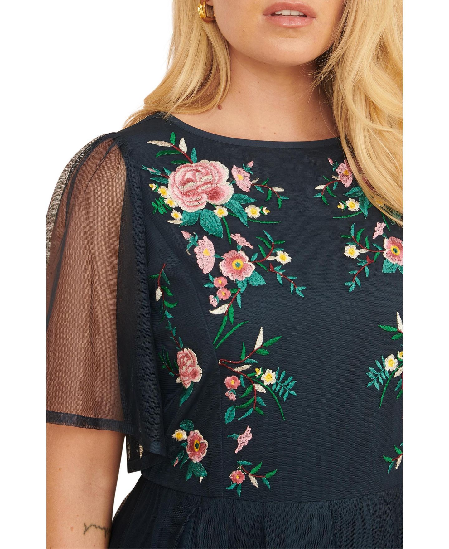 Женское платье Yumi Embroidered Mesh Sleeve Prom, цвет: Тёмно-синий — фото 7