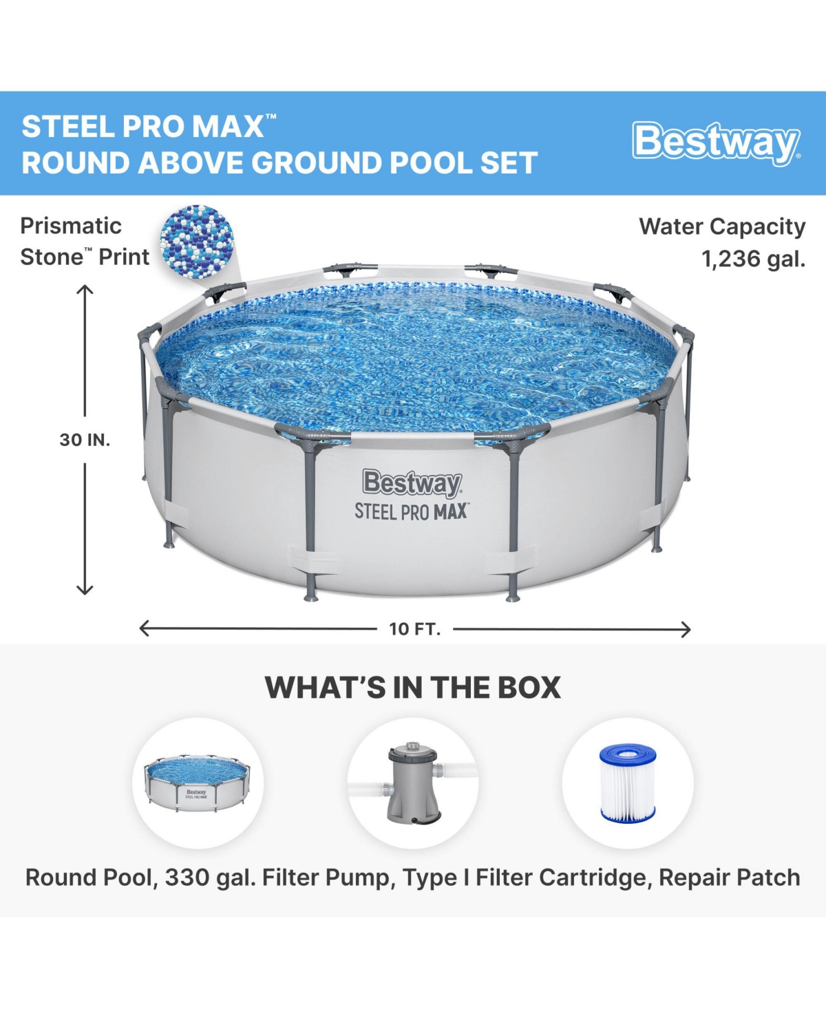 Bestway Steel Pro Max 10'x30" Round Above Ground Outdoor Swimming Pool with Pump