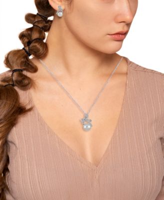2-Pc. Cultured Freshwater Pearl (7-8mm) and Lab Created White Sapphire Earring and Bow Pendant Necklace (0.309 ct. t.w.) Set in Sterling Silver