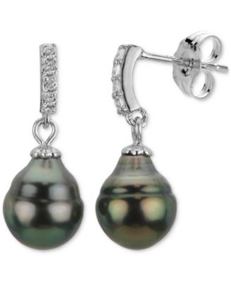Macy's - Cultured Tahitian Pearl (8-9mm) and Lab Created White Sapphire (0.152 ct. t.w.) Drop Earrings in Sterling Silver