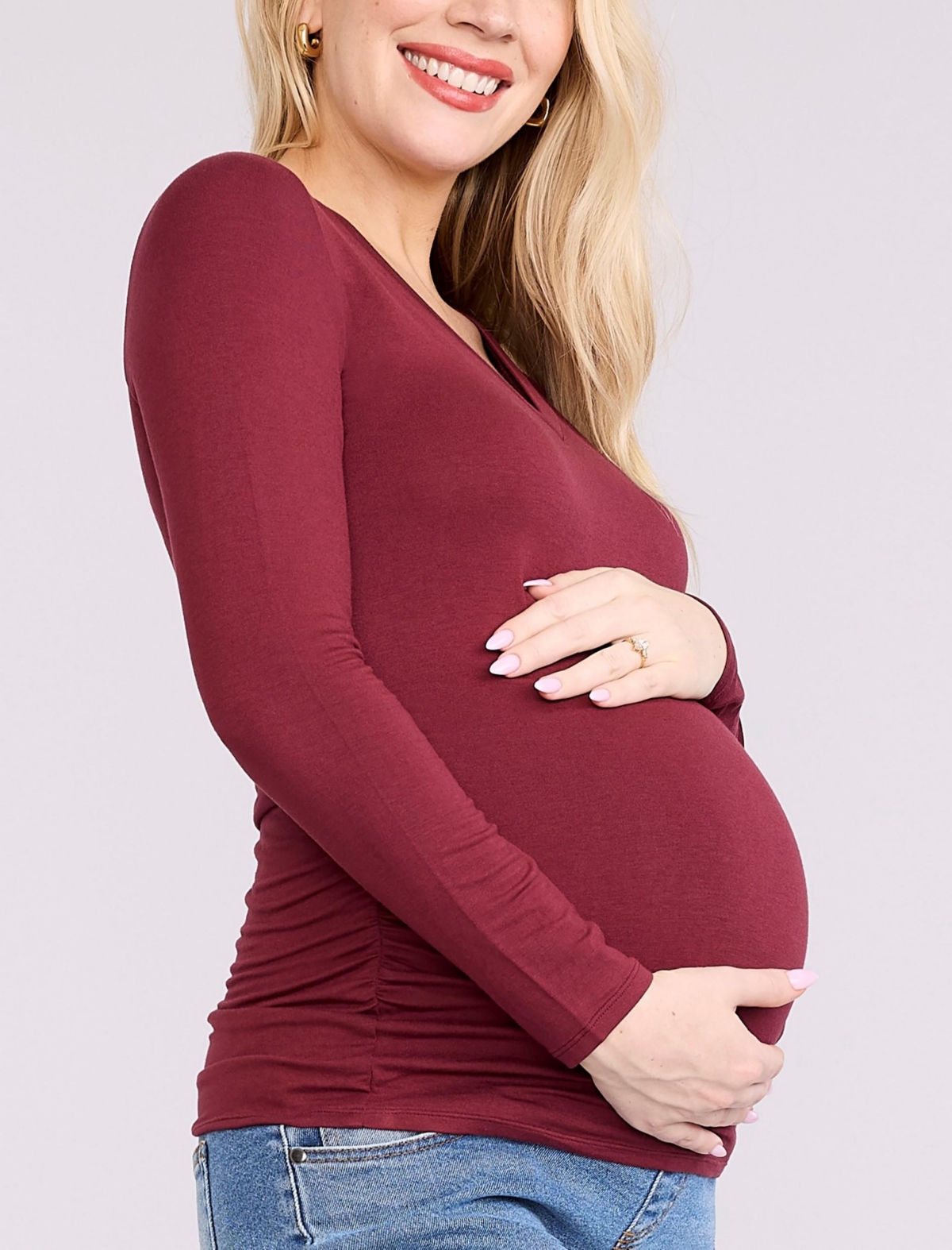 Motherhood Maternity V-Neck Side-Ruched Long Sleeve Tee