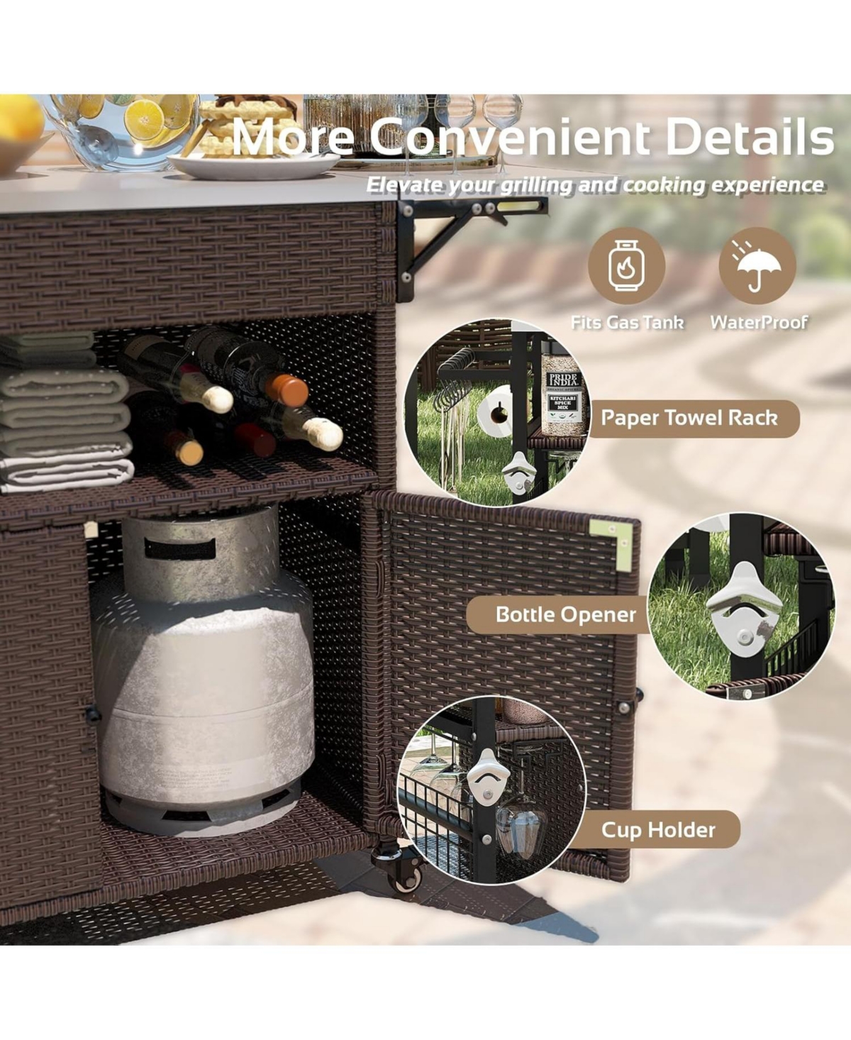 Aecojoy Upgrade Outdoor Bar Cart with Rattan Storage Cabinet