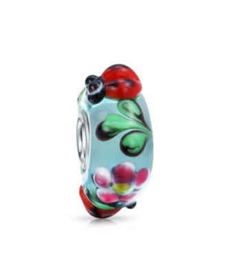 Set of 2 Bee & Ladybug Flower Murano Glass Charm Bead Sterling Silver