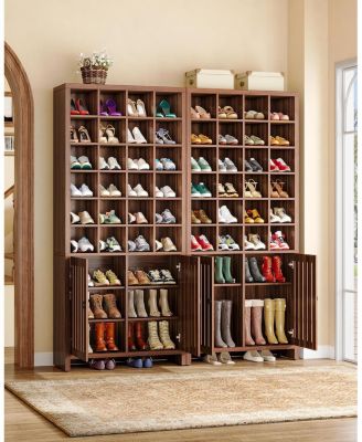 Tall Shoe Storage Cabinet with Doors, Farmhouse Wooden Shoe Rack with 24 Cubbies & 3 Hidden Shelves