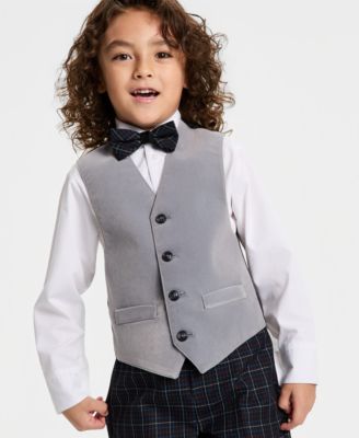 Toddler & Little Boys Grey Velvet Vest, Shirt, Bow Tie & Plaid Pants Set