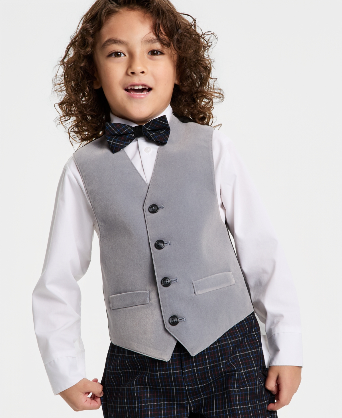 Nautica Toddler & Little Boys Grey Velvet Vest, Shirt, Bow Tie & Plaid Pants Set In Multi