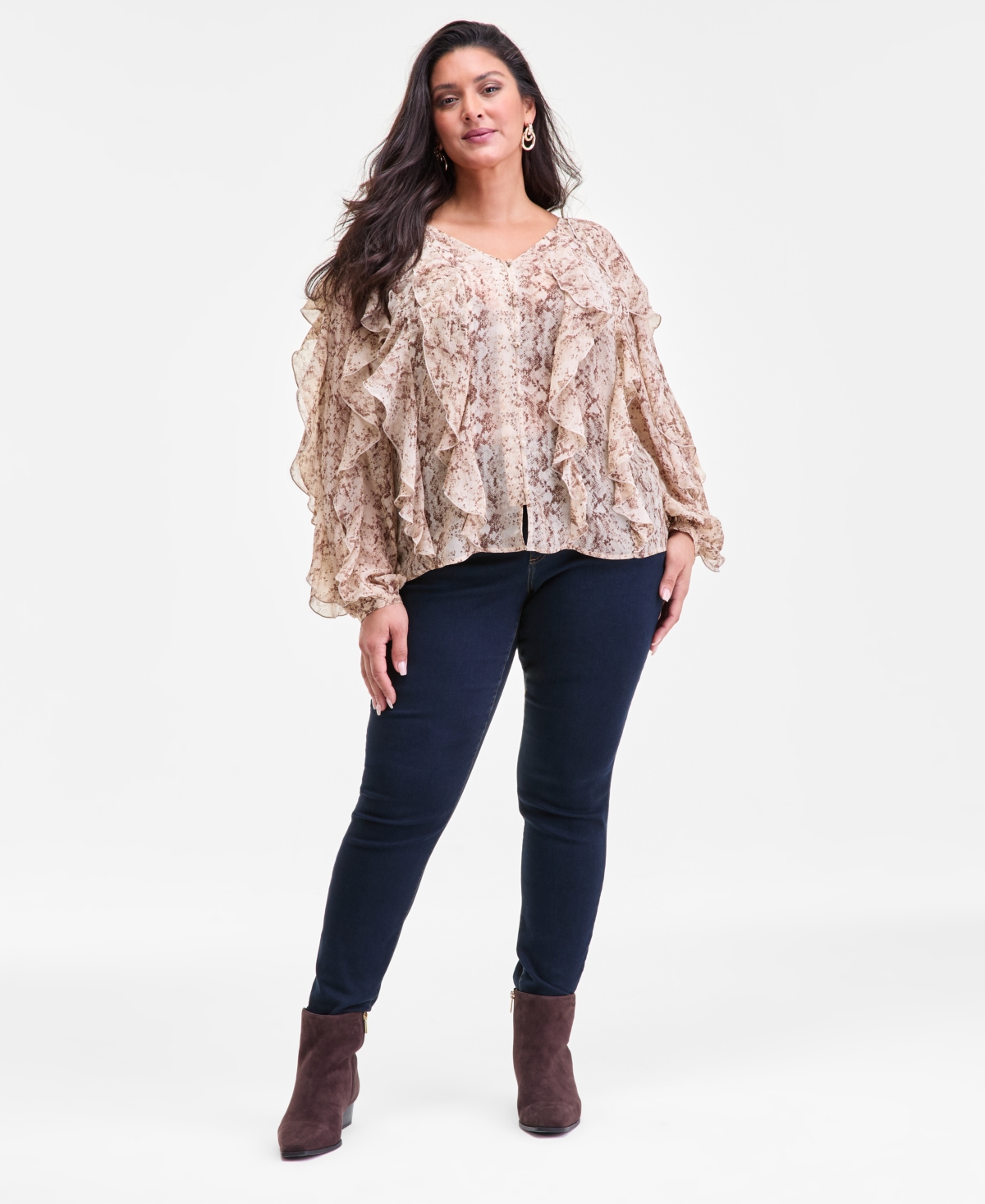 I.n.c. International Concepts Plus Printed Long-Sleeve Ruffled Blouse, Macy's Exclusive
