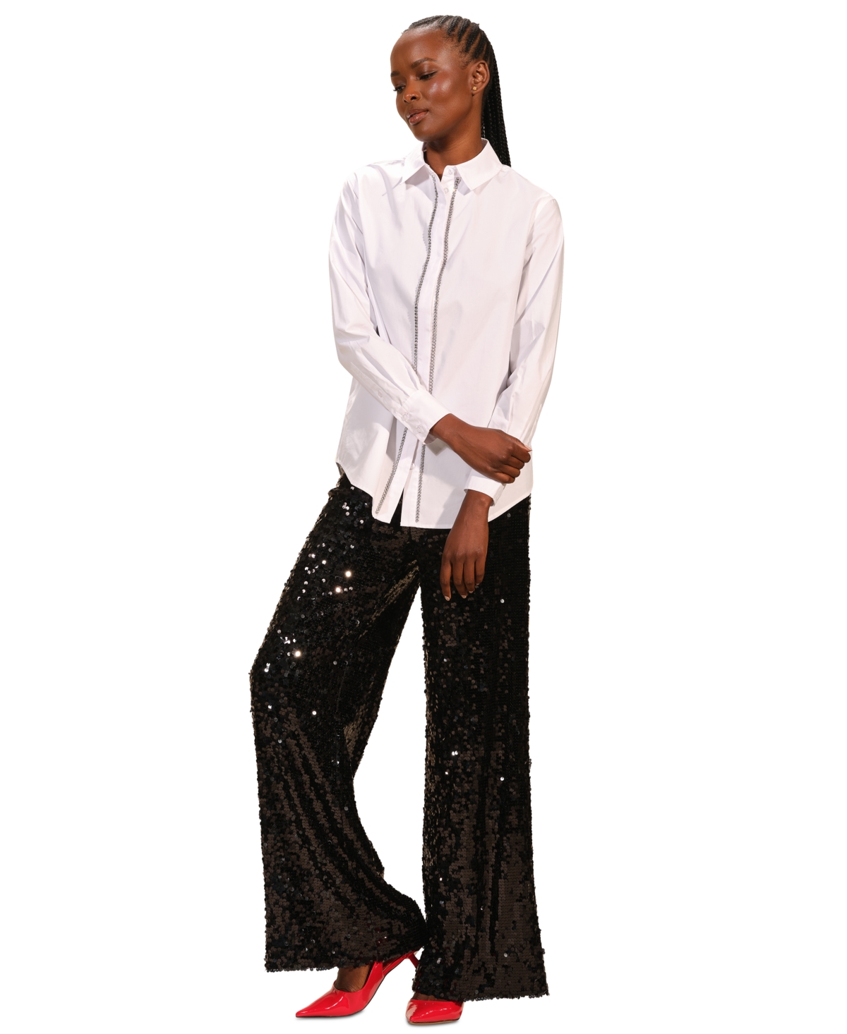 Isaac Mizrahi Women's Embellished Poplin Long Sleeves Shirt