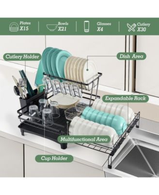 2-Tier Collapsible Expandable Dish Rack with Swivel Drain Spout and Rust-Resistant Stainless Steel Frame
