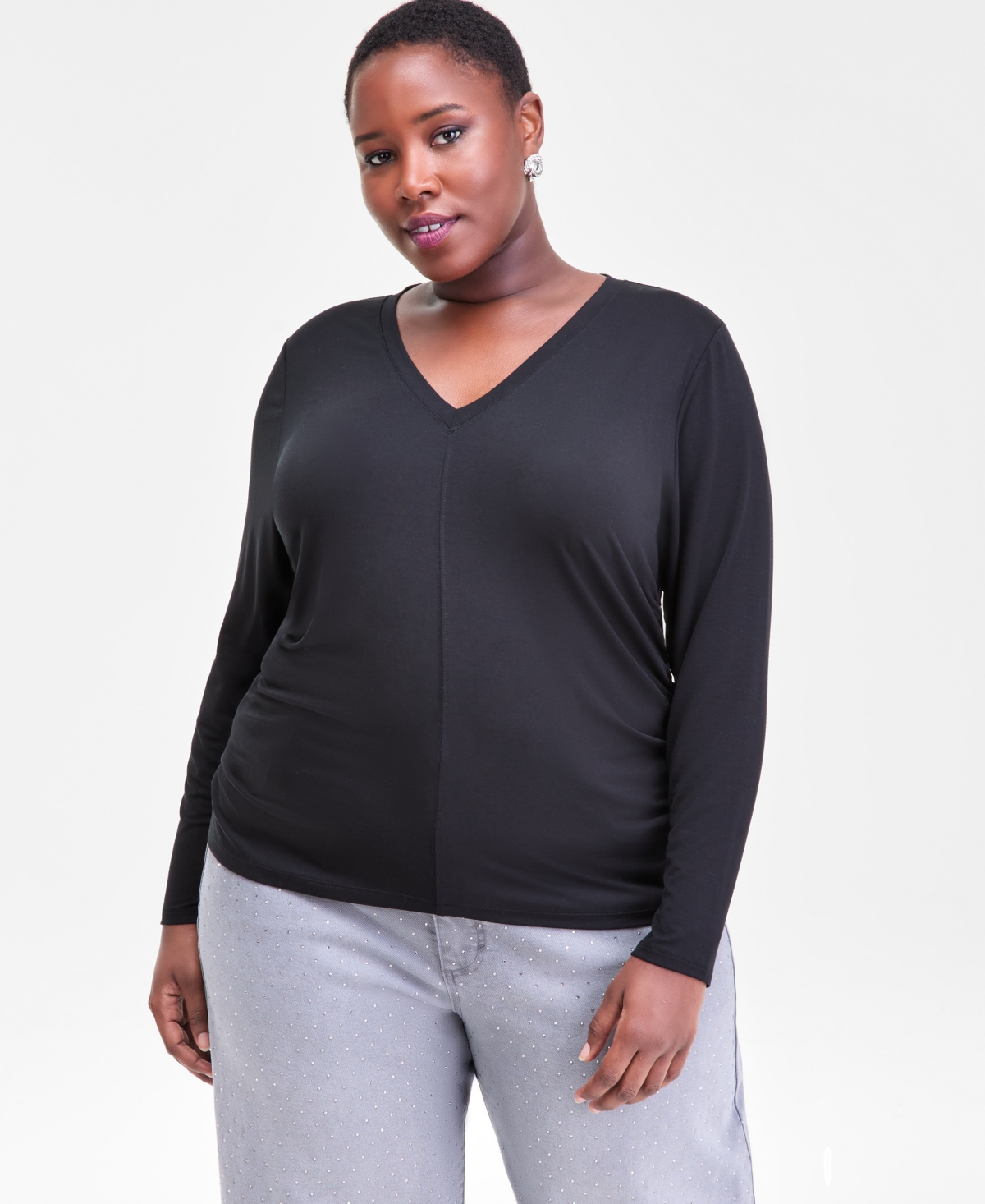 Inc International Concepts Plus Size V-neck Long-sleeve Layering Top, Macy's Exclusive In Black