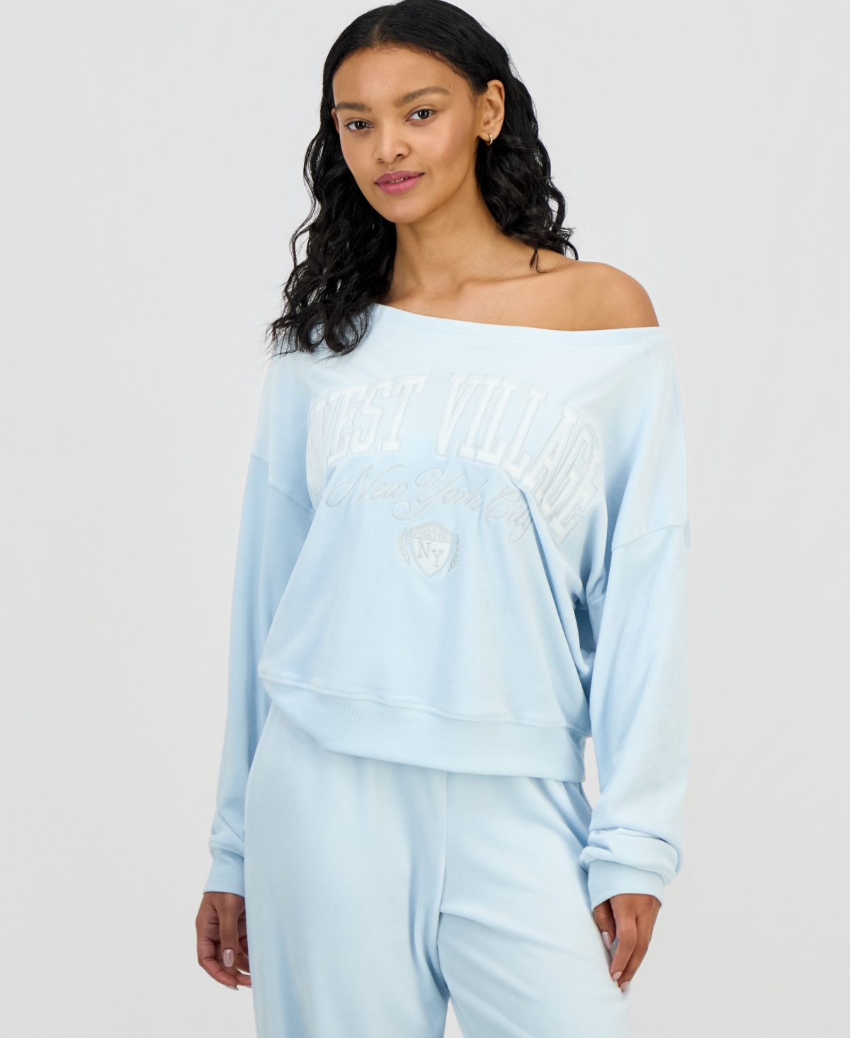Grayson Threads, The Label Juniors' West Village Off-The-Shoulder Velour Sweatshirt