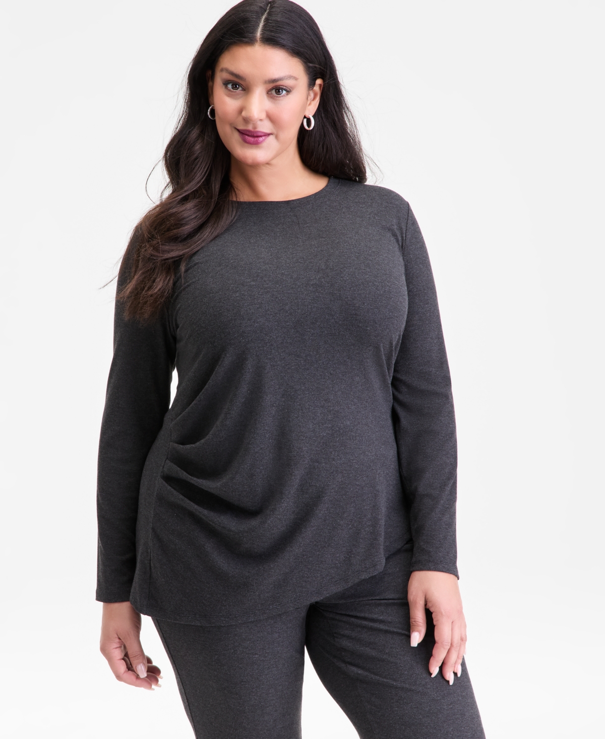 Inc International Concepts Plus Size Ribbed Asymmetrical-hem Top, Macy's Exclusive In Black