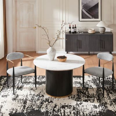 Modern Faux Marble Dining Room Set With 47" Round Table And 2 Boucle Armchairs for Kitchen Dinner