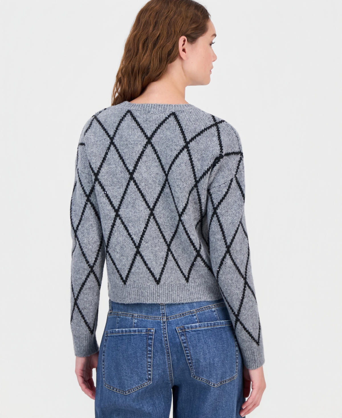 Planet Heart Juniors' Sequin Plaid Crewneck Sweater