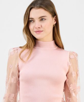 Juniors' Mock-Neck Mesh Floral Flocked-Sleeve Top
