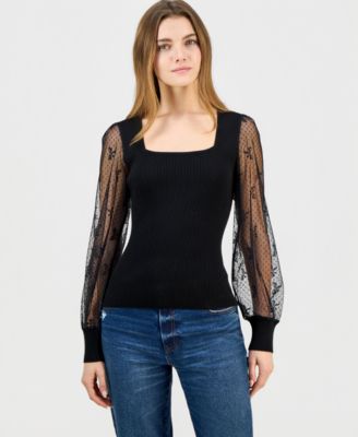 Madden Girl - Juniors' Square-Neck Mesh Sleeve Top