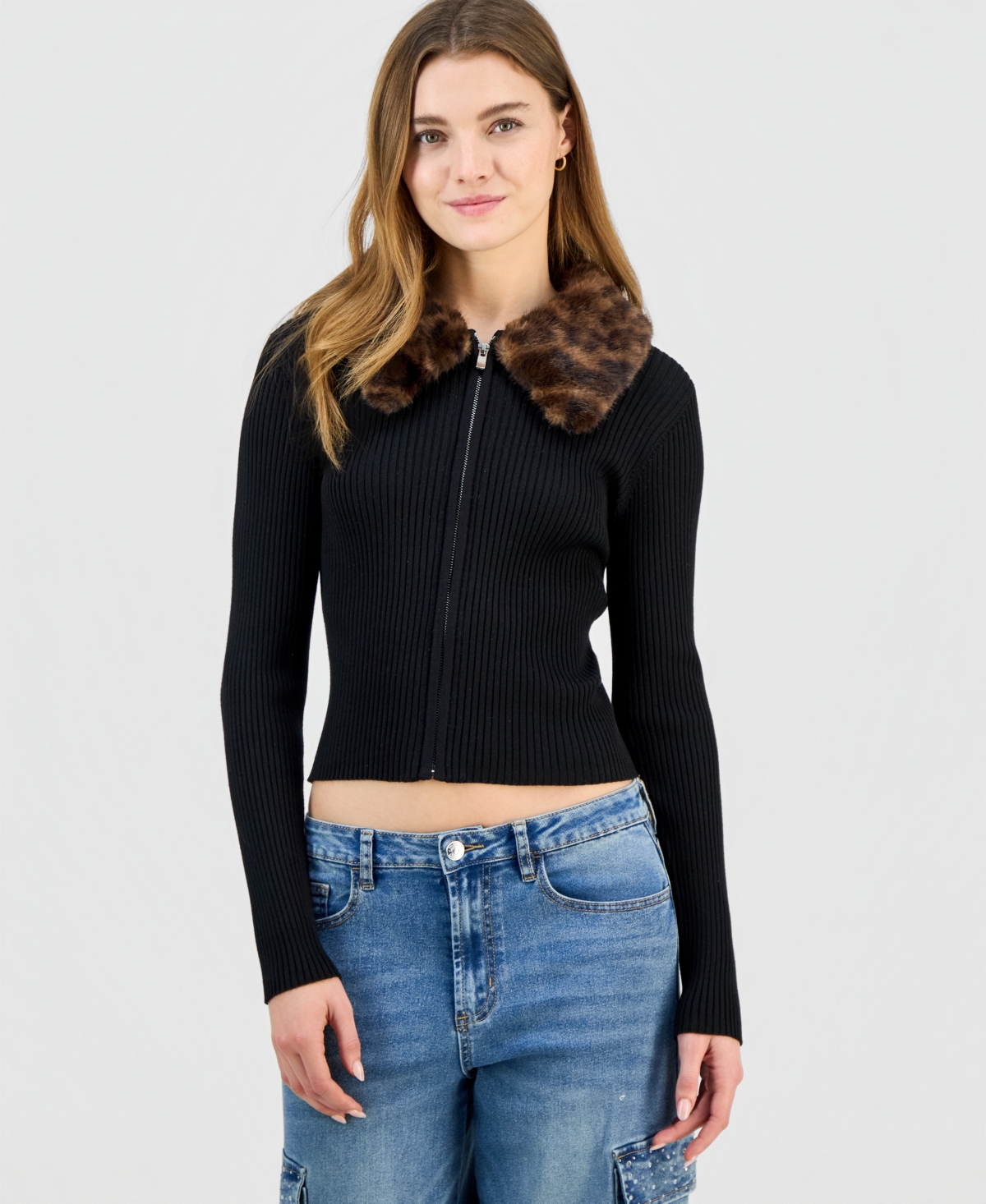 Madden Girl Juniors' Faux-Fur-Collar Zip-Up Sweater