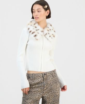 Juniors' Faux-Fur-Collar Zip-Up Sweater 