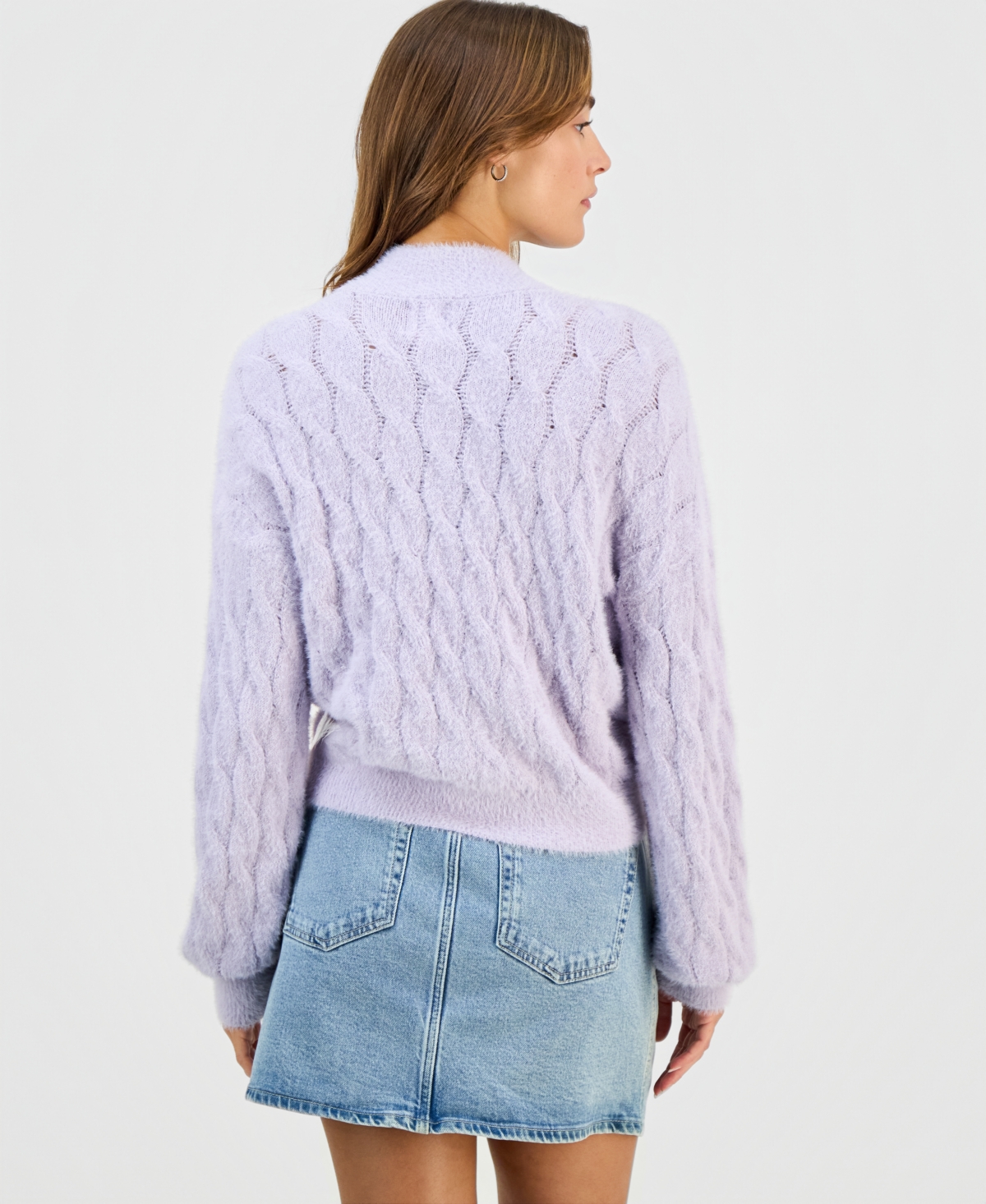 Hippie Rose Juniors' Mock-neck Eyelash-cable Knit Sweater In Purple