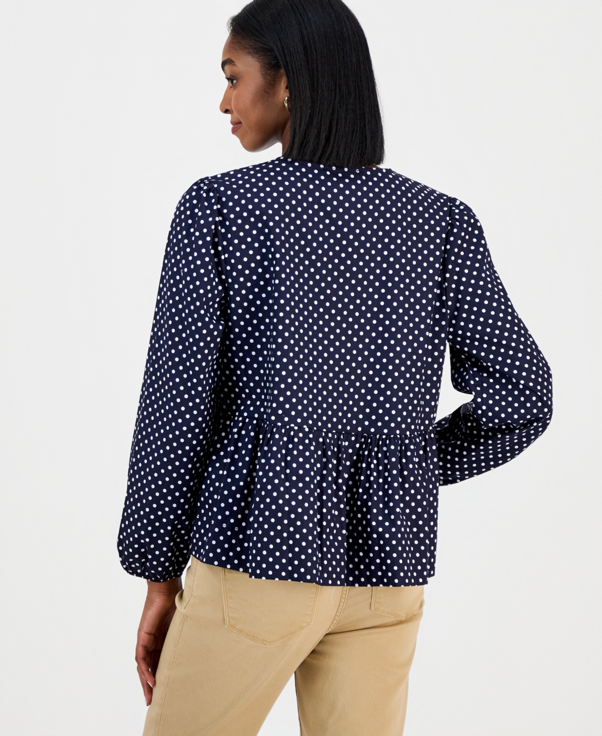 Nautica Jeans Women's Dot-print Bow-trim Cotton Peplum Blouse