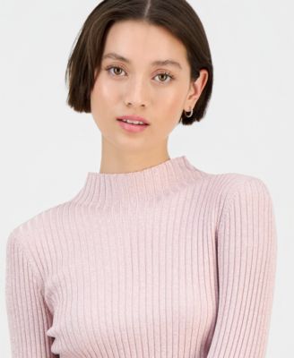 Junior's Mock-Neck Metallic Ribbed Long-Sleeve Sweater 