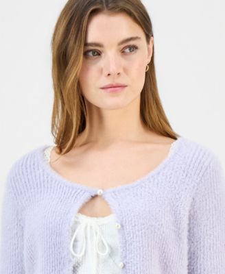 Juniors' Eyelash Faux-Pearl Button-Front Cardigan 