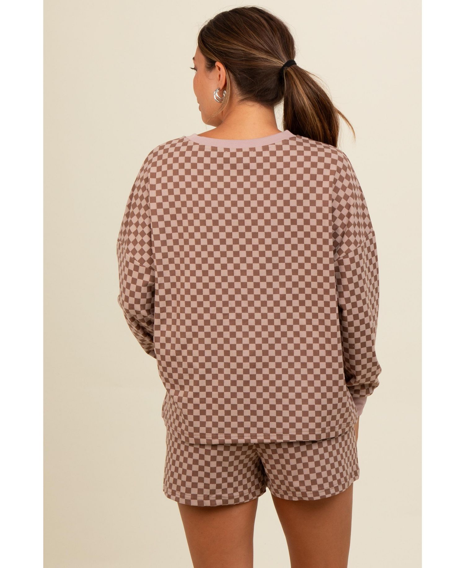 Women's Mocha Checkered Plaid Pullover Shorts Set