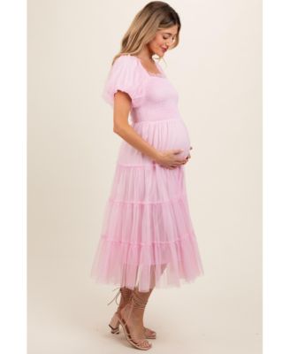 Maternity Light Pink Smocked Tiered Tulle Midi Dress